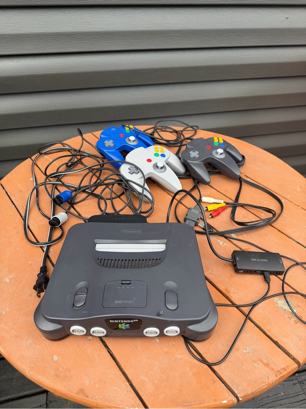 Nintendo N64 Console with Black, Gray, Blue Controllers